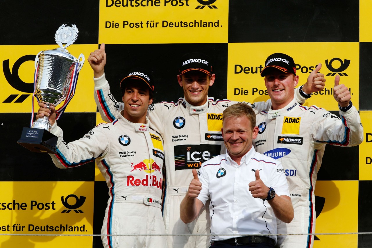 Zandvoort (NL) 11th July 2015. BMW Motorsport, Race 07, 2nd Place Driver Antonio Felix da Costa (PT), Winner Marco Wittmann (DE), Stefan Reinhold (DE) Team Principal BMW Team RMG and 3rd Place Driver Maxime Martin (BE). This image is copyright free for editorial use © BMW AG (07/2015).